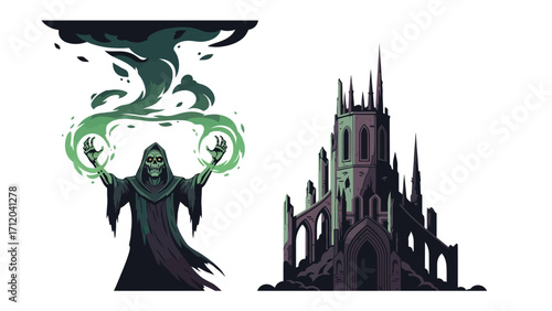 Dark Wizard and Castle Illustration: A chilling illustration depicting a malevolent dark wizard conjuring ominous magic and a foreboding castle, perfect for conveying mystery and fantasy.