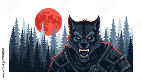 Moonlit Werewolf: An illustration showcasing a snarling werewolf against a backdrop of a full, blood-red moon, shrouded in a mysterious forest. 