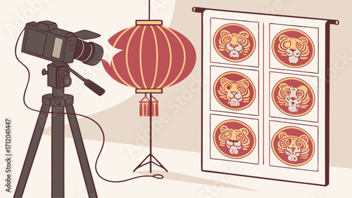Studio Photography Setup with Tiger Designs and Lantern.