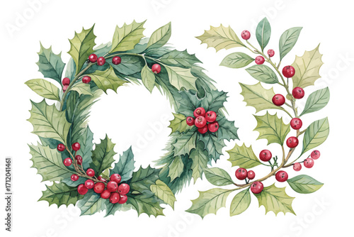 Watercolor Christmas Wreath with Holly Leaves and Red Berries vector illustration isolated on white background