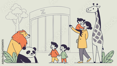 Family visiting zoo animals children and parents looking at a giraffe lion and panda Cartoon illustration.