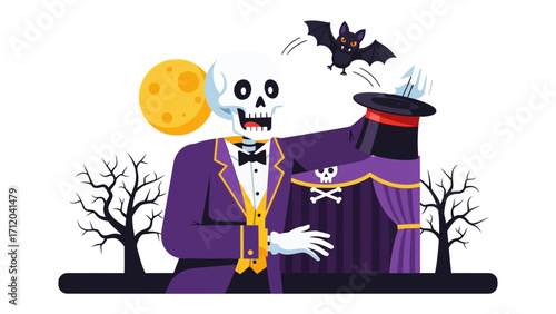 Skeleton Magician: A whimsical illustration of a skeleton magician conjuring magic with bat during Halloween.