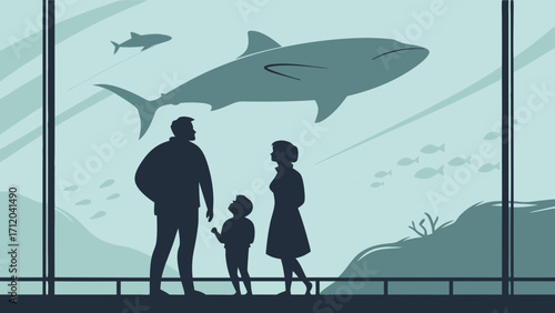Family watching a shark in an aquarium vector illustration silhouette.
