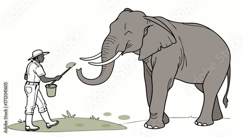 Feeding an Elephant Illustration of a Keeper and a Large Mammal.