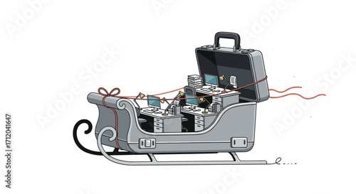 Creative business concept: portable office desks and computers packed inside a sleigh ready for delivery or relocation with festive ribbon, Generative AI.