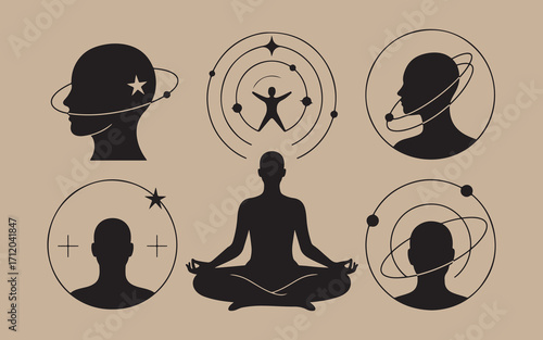 Silhouette of a person meditating surrounded by cosmic energy and abstract human head profiles