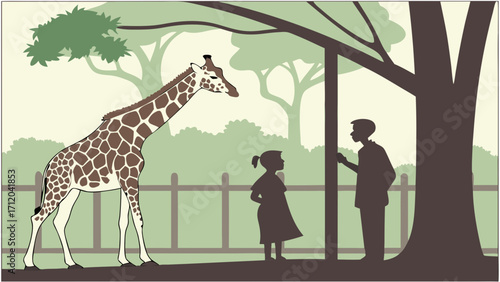 Giraffe and Children at the Park Zoo or Sanctuary Illustration.