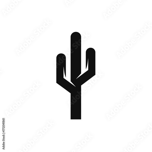 A minimalist black silhouette of a saguaro cactus with two arms reaching upwards against a white background.