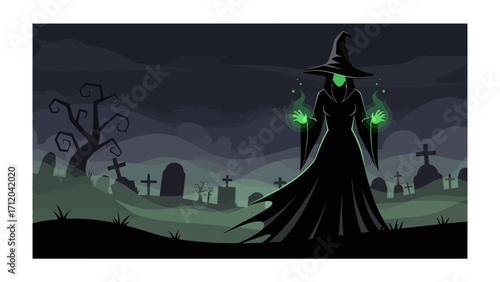 Spooky Sorceress in Graveyard: An ominous witch, shrouded in a dark gown and pointed hat, conjures a spell amidst a moonlit graveyard, emanating an eerie green aura.