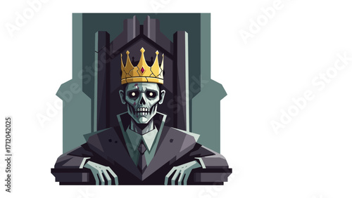 Royal Bones: An Illustration of a regal skeleton figure, adorned with a crown, sits atop a throne, evoking themes of authority, mortality, and the ephemeral nature of power.