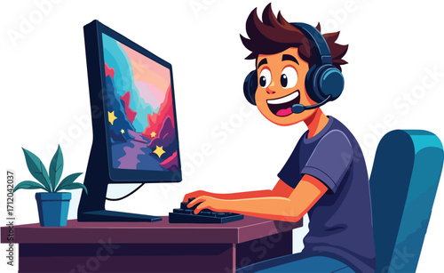 Cartoon Guy Playing a Video Game