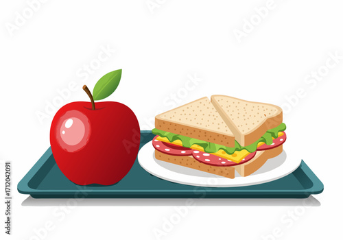Vector illustration of a healthy school lunch meal with a fresh red apple and sandwich on a tray
