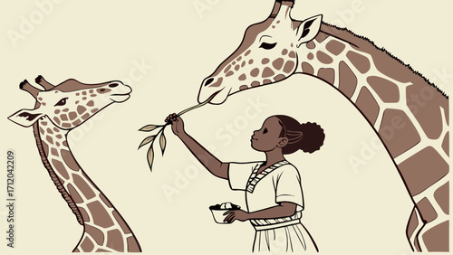 Girl feeding giraffes leaves illustration child and animals African wildlife nature scene zoo animal art kid friendly artwork.