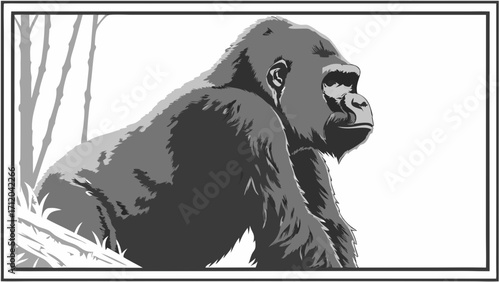 Gray scale illustration of a gorilla sitting in a forest setting.