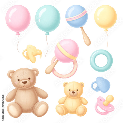 Cute Watercolor Baby Items Collection: Balloons, Rattles, Teddy Bears, Pacifiers, Teething Ring