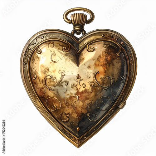 Vintage Gold Heart Locket with Ornate Filigree and Bail, Isolated