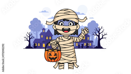 Halloween Mummy with Pumpkin Basket: A whimsical illustration captures a joyful little mummy holding a jack-o'-lantern basket in front of a spooky house, ready for a Halloween celebration.