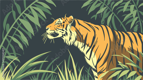 Stylized Tiger in Lush Jungle Foliage Wildlife Art Nature Illustration.