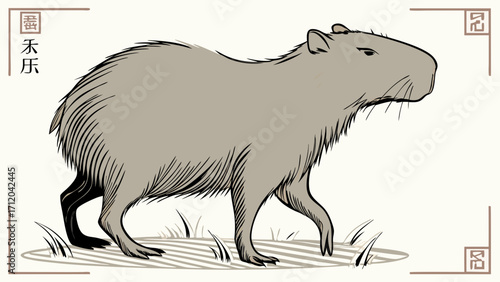 Illustration of a large rodent walking in grassy area stylized art vector graphic nature animal wildlife fauna vintage design japanese art style.
