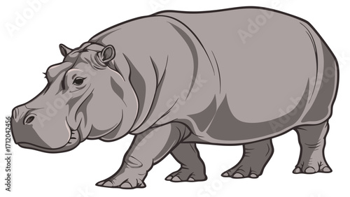 Illustration of a hippopotamus grey color scheme walking side view wildlife African animal zoo animal mammal large animal herbivore thick-skinned animal powerful animal nature illustr.