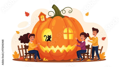 Whimsical Pumpkin House: Delightful illustration of a giant pumpkin transformed into a cozy house, complete with charming features, surrounded by joyous figures.