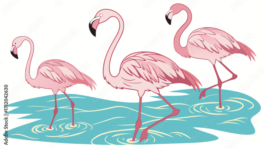 Fototapeta premium Three Pink Flamingos in Shallow Water Tropical Bird Illustration Wildlife Art Nature Design.