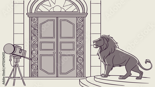 Lion statue camera ornate door majestic animal film production movie scene elegant entrance wildlife photography animal art illustration graphic design vector art decorative door vin.