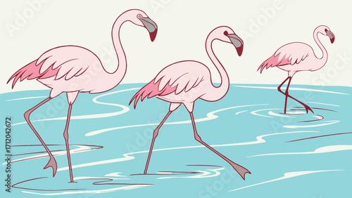 Three Pink Flamingos in Shallow Water Tropical Bird Illustration Wildlife Art Nature Scene.