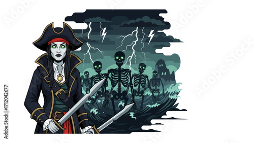 Sinister Pirate Captain and Crew: A menacing pirate captain stands ready for battle, flanked by a crew of skeletal warriors amid a stormy seascape. A dark scene of adventure and peril.