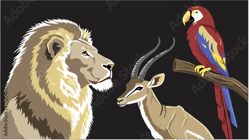 Lion Antelope and Parrot in stylized illustration Wildlife art African animals jungle birds exotic pets nature design safari theme animal portrait wildlife photography big cat mammal.