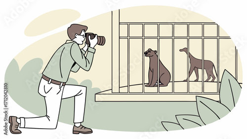Photographer Kneeling and Photographing Animals in Enclosure.