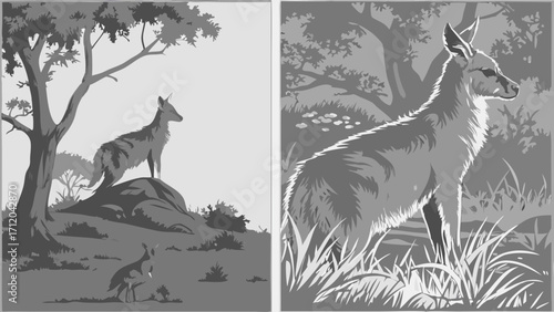 Two grayscale illustrations of wild canids in natural settings perfect for nature documentaries educational materials or wildlife-themed designs.