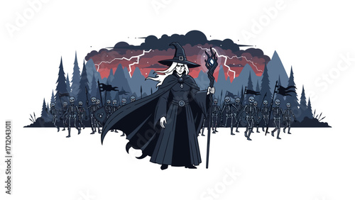Mystical Sorceress: An enchanting sorceress stands boldly before a looming dark storm, with a mystical staff, exuding power and mystery. This image, a masterful illustration.