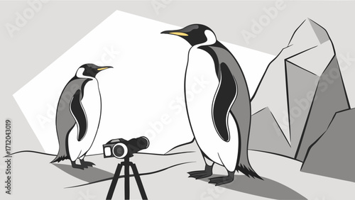 Two penguins posing for a camera on a snowy landscape wildlife photography arctic animals cartoon illustration.