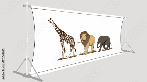 Retractable Banner with Safari Animals Giraffe Lion Elephant Illustration.