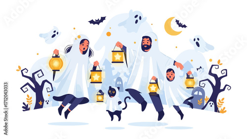 Halloween Family Fun: A spirited family, costumed as friendly ghosts, joyfully celebrates Halloween, playfully parading with lanterns under the moonlit sky.