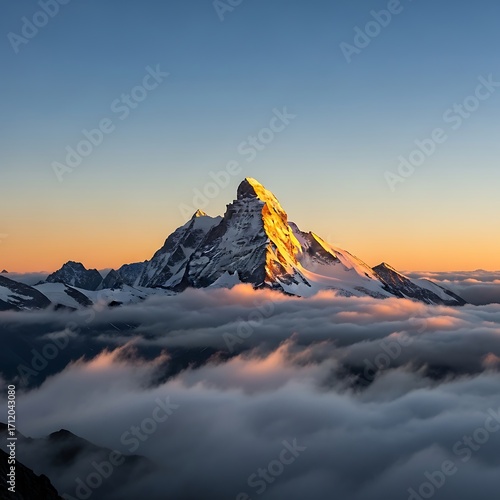 Majestic Mountain Peak Above Clouds.