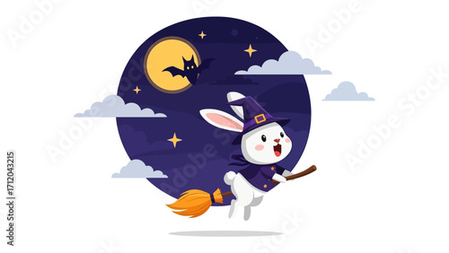 Whimsical Rabbit Witch: A charming illustration of a rabbit dressed as a witch, flying on a broomstick under the enchanting glow of a full moon, evoking a playful and magical Halloween spirit.