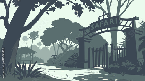Safari Park Entrance Lush Greenery Tropical Landscape Vector Illustration.