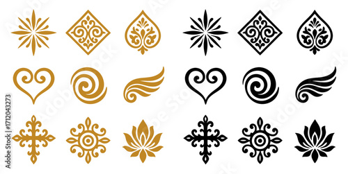Elegant collection of classic decorative ornamental symbols in gold and black