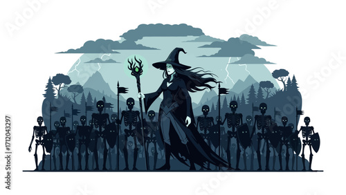 The Witch and Her Army: In a haunting illustration, a formidable witch, adorned in a flowing gown, stands as a leader with her staff.