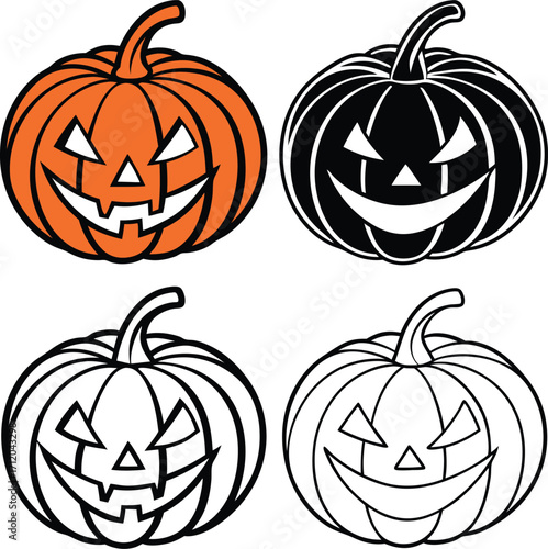 Vector art of four jack o lantern pumpkins, two colored and two outlines