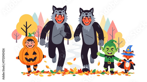 Halloween Costume Parade: An animated group of kids joyfully parade across the scene, dressed as playful creatures, embodying the spirit of Halloween.