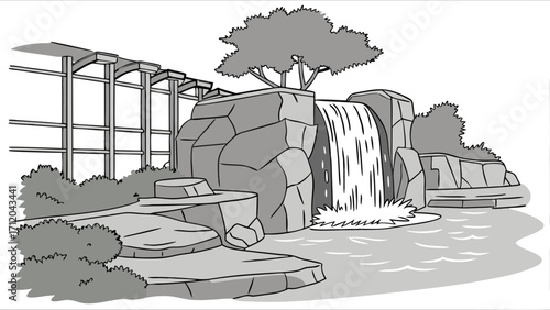 Waterfall landscape design serene garden illustration tranquil water feature peaceful nature scene grey scale sketch architectural drawing backyard oasis zen garden concept landscaping pl.
