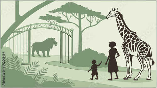 Silhouette of a family visiting a zoo viewing a giraffe and a lion through a gate vector illustration.