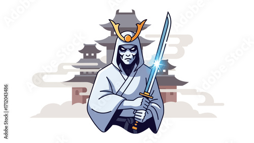 The Ghost Samurai: A ghostly samurai stands tall, clad in traditional attire, against the backdrop of an ancient Japanese temple, brandishing a luminescent blade. Embodying the spirit of honor.