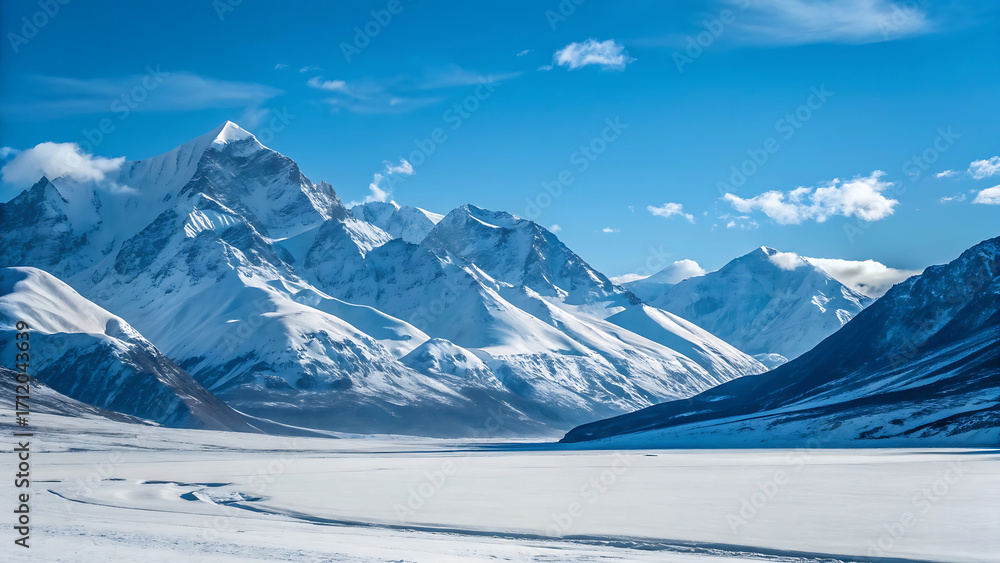 Obraz premium Majestic snow covered mountain range under a bright blue sky with scattered clouds