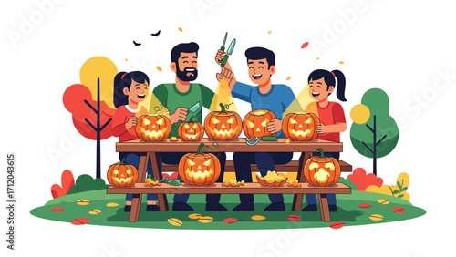 Halloween pumpkin carving: Capture a heartwarming illustration of a family deeply engaged in the festive tradition of carving pumpkins for Halloween, set against a backdrop of vibrant autumn foliage.