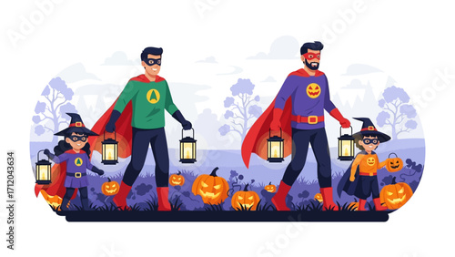 Halloween Family Adventure: Capturing the joy of Halloween, a family of superheroes and a witch embark on a trick-or-treat adventure, exploring a pumpkin-filled field.