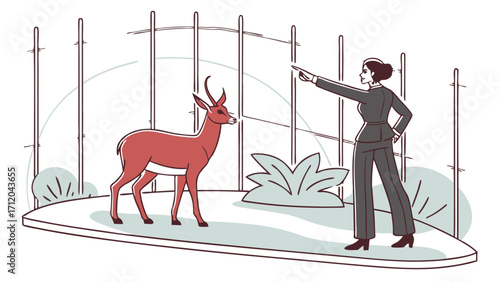 Woman pointing at an antelope in an enclosure illustrated vector graphic.
